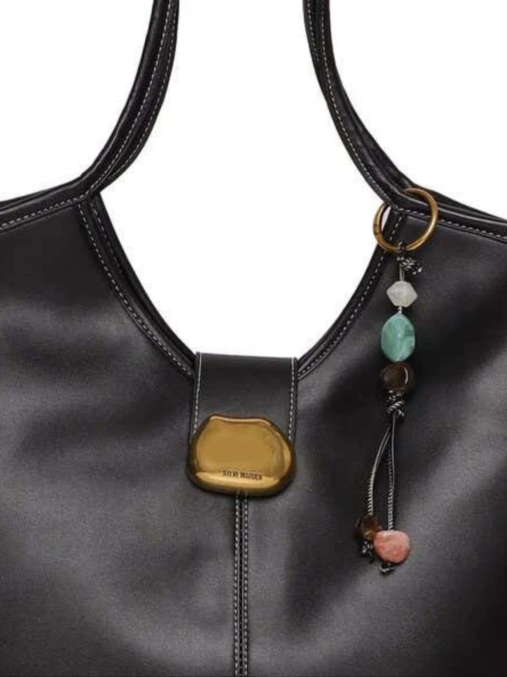 Steve Madden Black Leather Shoulder Tote with Gold Accent